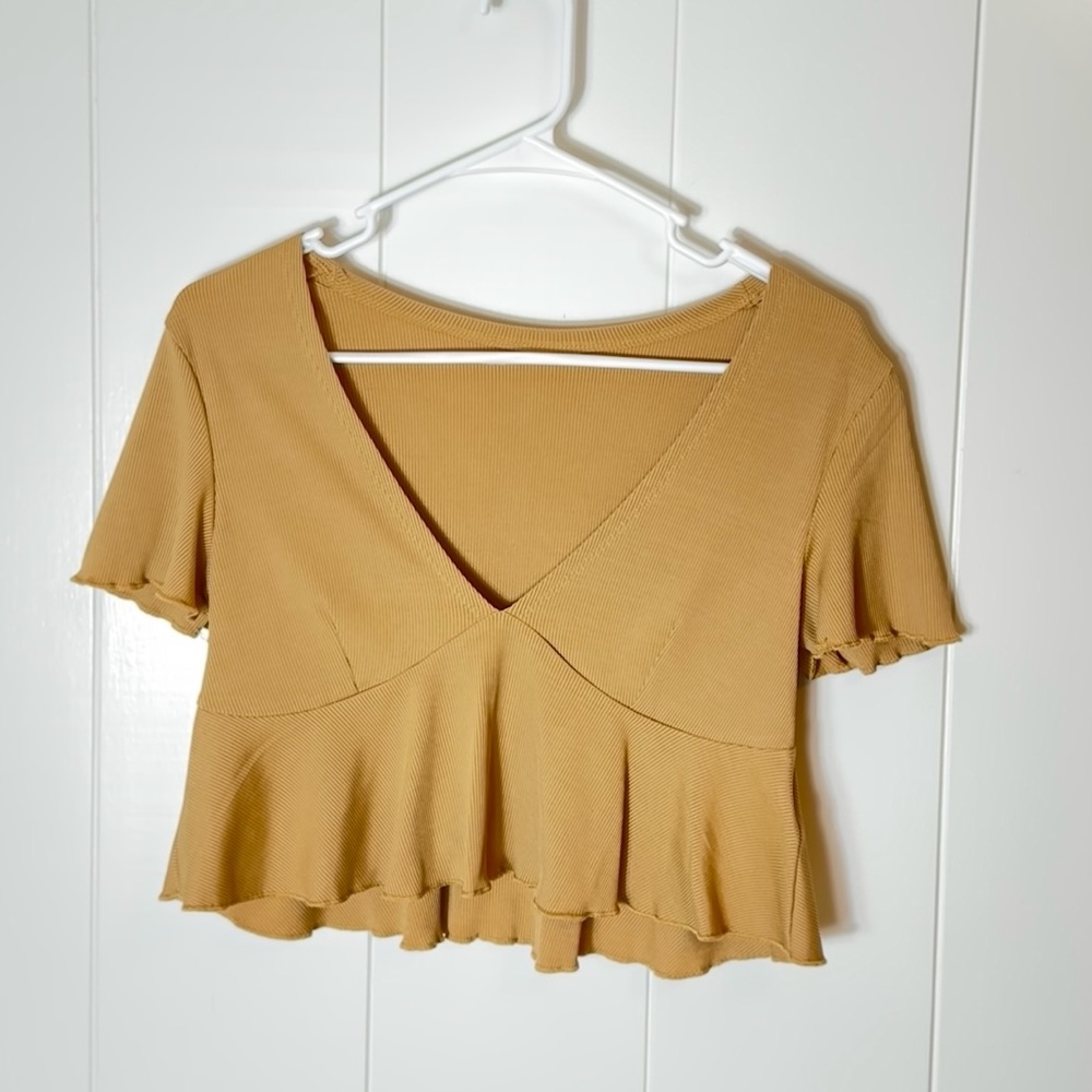 SHEIN Tan Ruffle Hem V-Neck Blouse